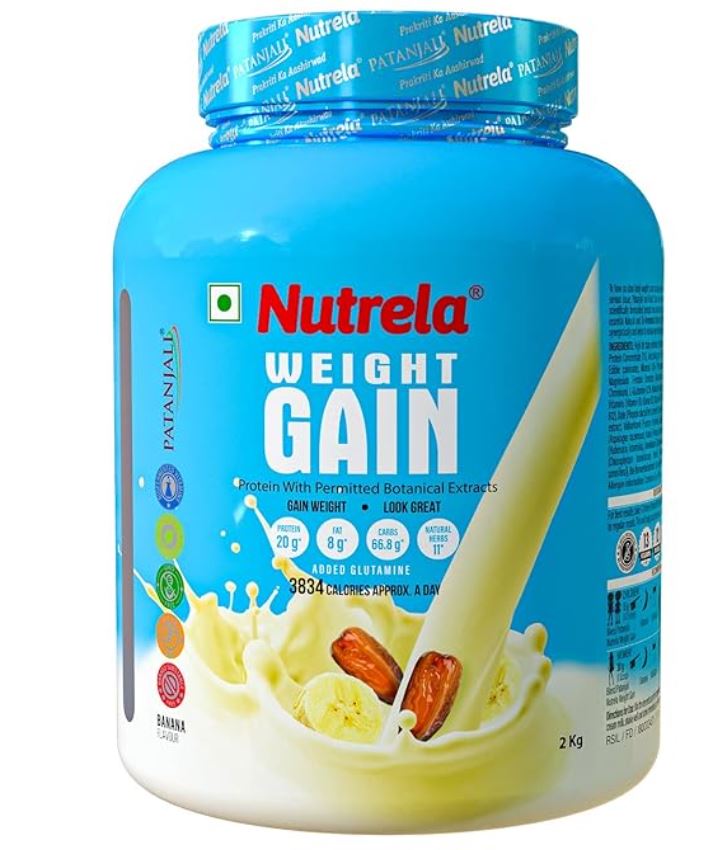 Nutrela Weight Gainer Powder - 2kg, Banana Flavour | 20g Protein, 66.8 Carbs, 13 Vitamins & 12 Minerals with Khandsari Sugar 